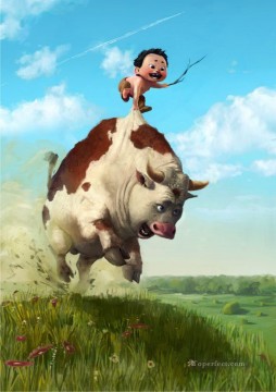 Fantasía popular Painting - corriendo vaca y niño fantasía